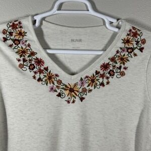 Blair Womens Oatmeal Heather Floral Embroidered V-Neck Long Sleeve Top Large